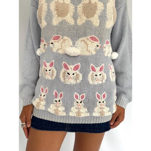90s vintage bunny rabbit easter holiday novelty animal ugly hand knit sweater - Picture 6 of 8